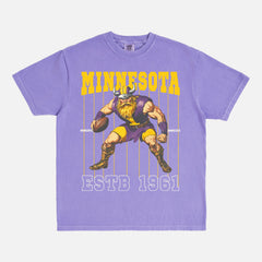 old school minnesota vikings graphic t-shirt with retro mascot pinstripes design on a washed purple comfort colors tee