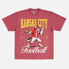 Vintage 80s 90s Kansas City Chiefs washed red comfort colors graphic tee with old school wolf mascot and pinstripes