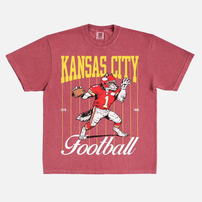 Vintage 80s 90s Kansas City Chiefs washed red comfort colors graphic tee with old school wolf mascot and pinstripes