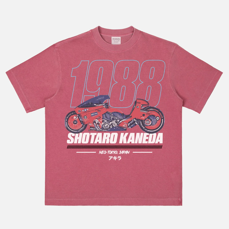cool faded red Akira motorcycle graphic tee shirt, distressed JDM style anime manga movie streetwear t-shirt with red and blue graphic