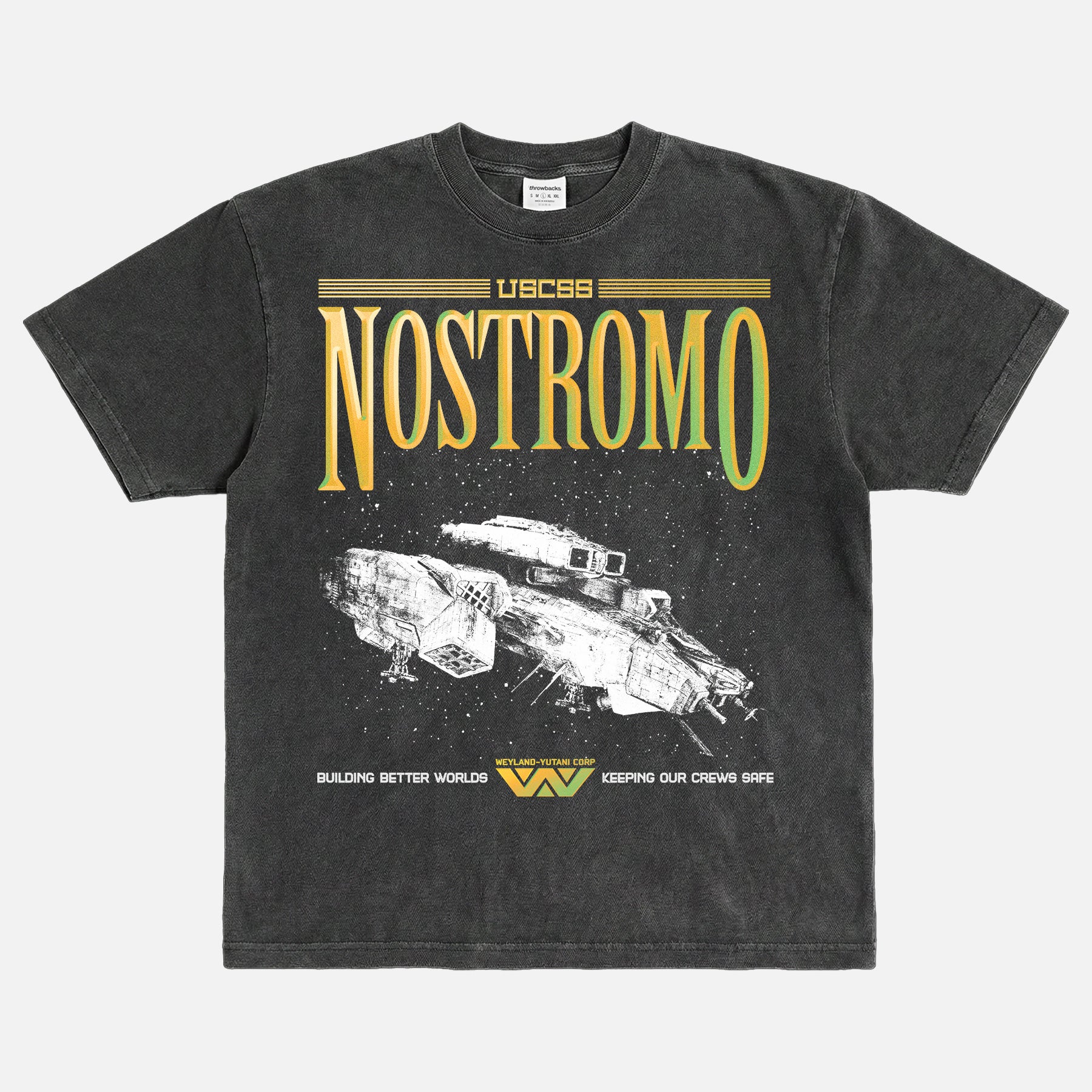 USCSS Nostromo logo and ship movie poster t-shirt for alien 1979 movie fans, weyland yutani corporation logo on oversized distressed black sci-fi horror movie tee