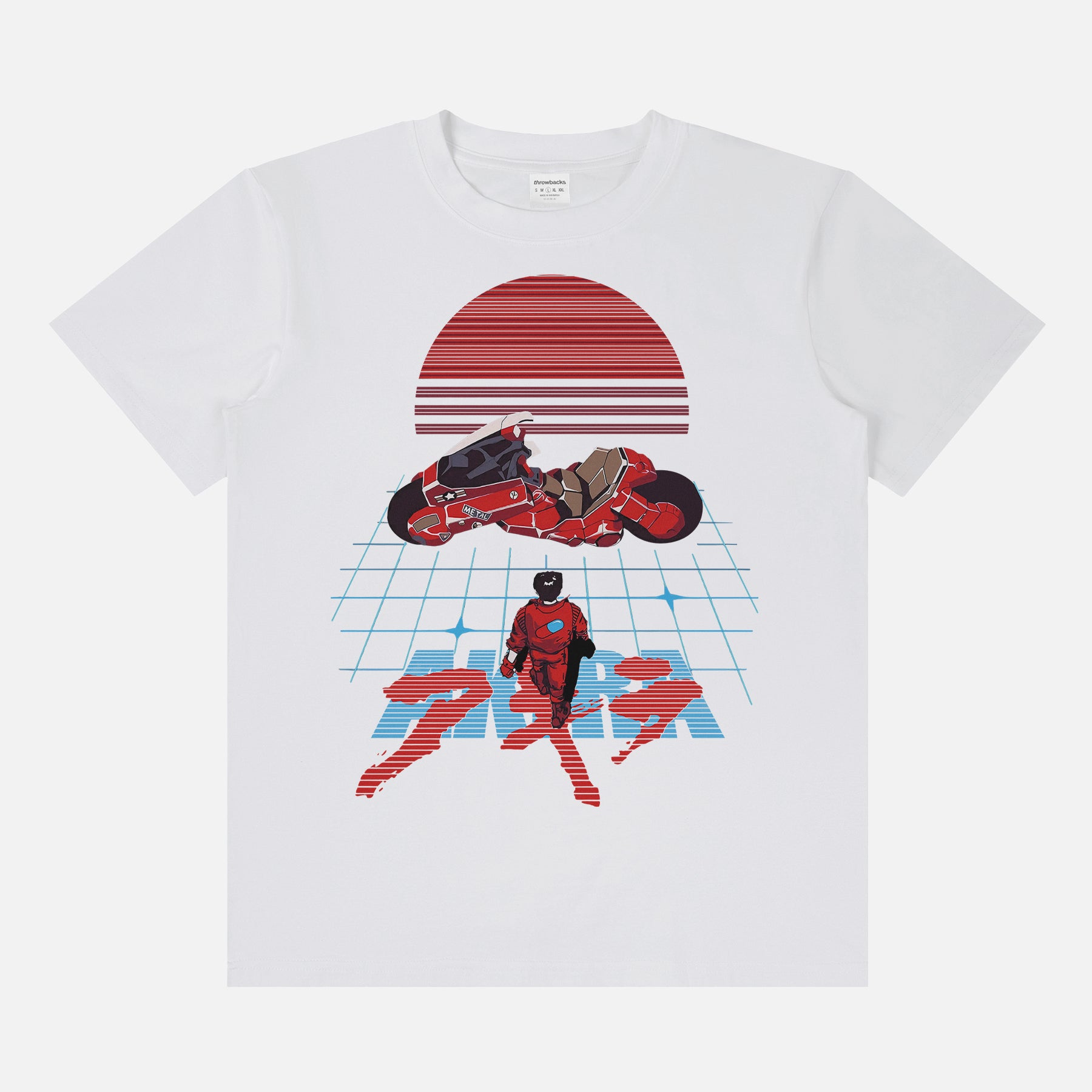 Cool 80's style akira anime streetwear graphic tee with retro motorcycle art on a white t-shirt