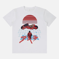 Cool 80's style akira anime streetwear graphic tee with retro motorcycle art on a white t-shirt