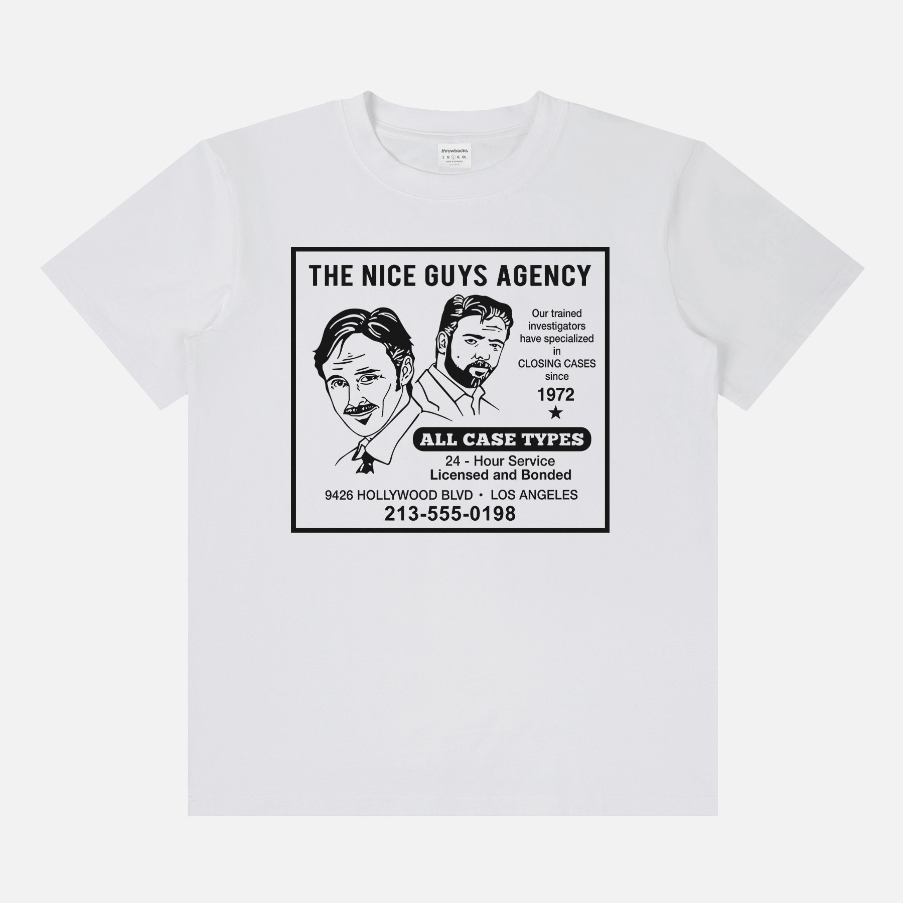 Funny white and black The Nice Guys Movie T-Shirt with Retro Newspaper Ad on a Unisex Graphic Tee