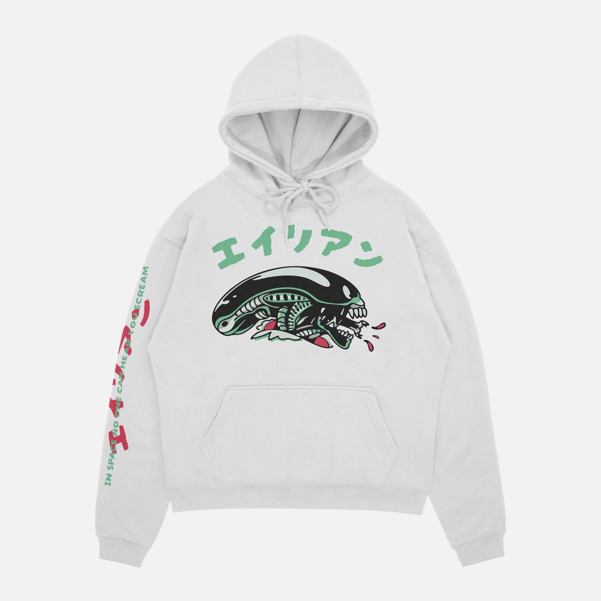 1979 Alien Movie hoodie with sleeve text, white retro sci-fi horror movie hooded sweatshirt with xenomorph and japanese movie poster text
