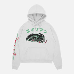 1979 Alien Movie hoodie with sleeve text, white retro sci-fi horror movie hooded sweatshirt with xenomorph and japanese movie poster text
