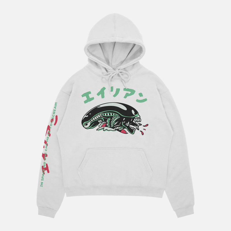 1979 Alien Movie hoodie with sleeve text, white retro sci-fi horror movie hooded sweatshirt with xenomorph and japanese movie poster text