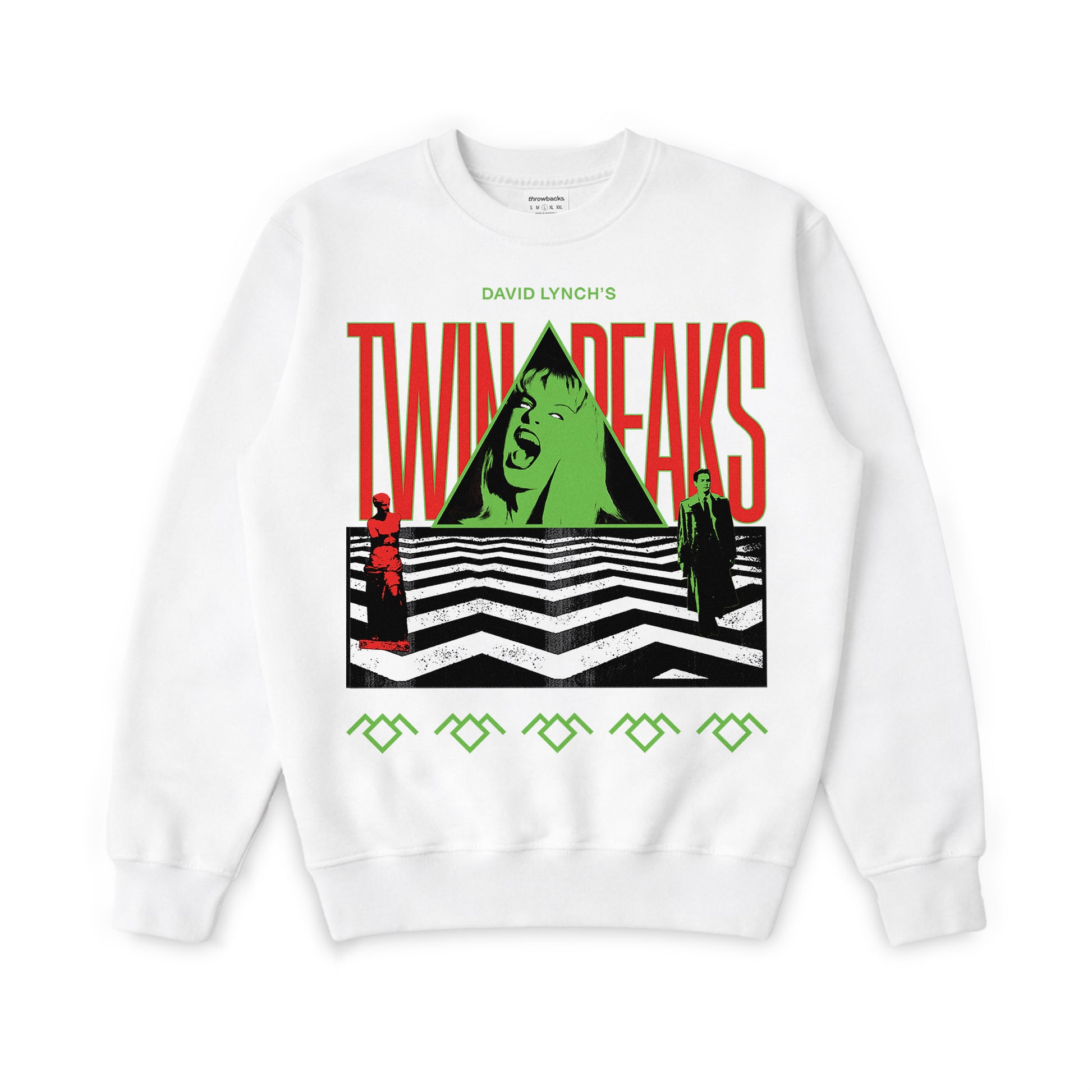 Twin Peaks TV Shows sweatshirt with Laura Palmer rug pattern and david lynch Fire Walk With Me graphics on a unisex white crewneck