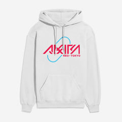 Modern Akira Anime streetwear hoodie with red and blue pill graphic and Neo Tokyo Text, cool white Akira manga anime sweatshirt for men and women for sale at Throwbacks