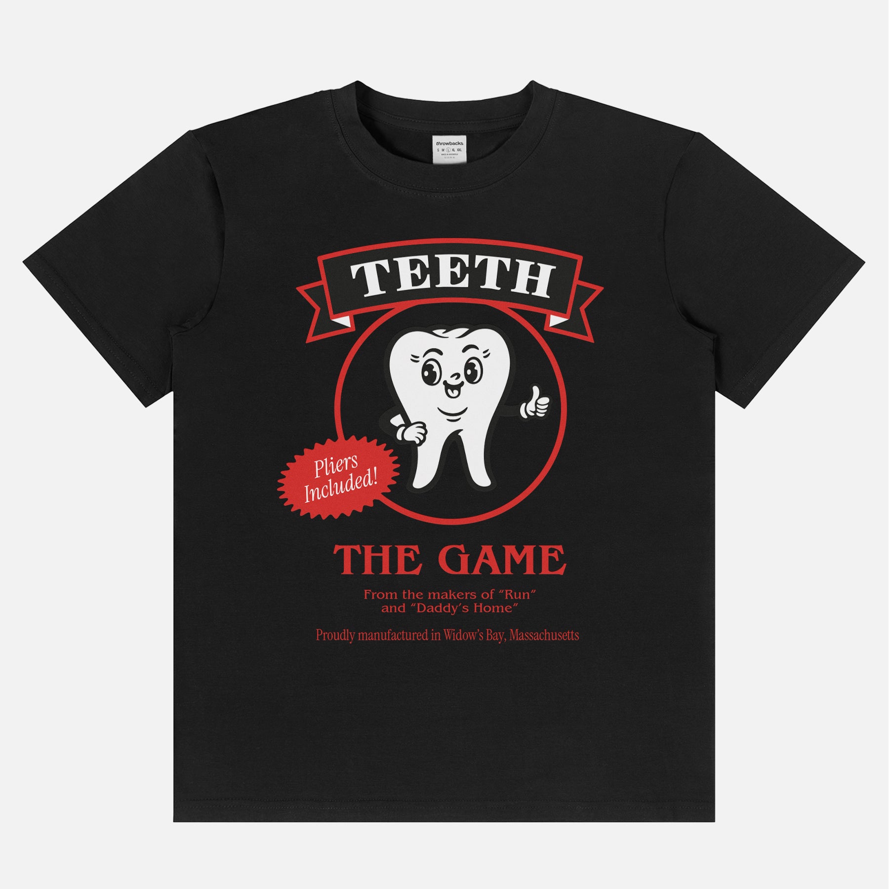 Funny Widow's Bay TV Show t-shirt with Teeth Pliers board game logo on a unisex black graphic tee