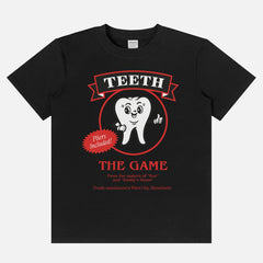 Funny Widow's Bay TV Show t-shirt with Teeth Pliers board game logo on a unisex black graphic tee
