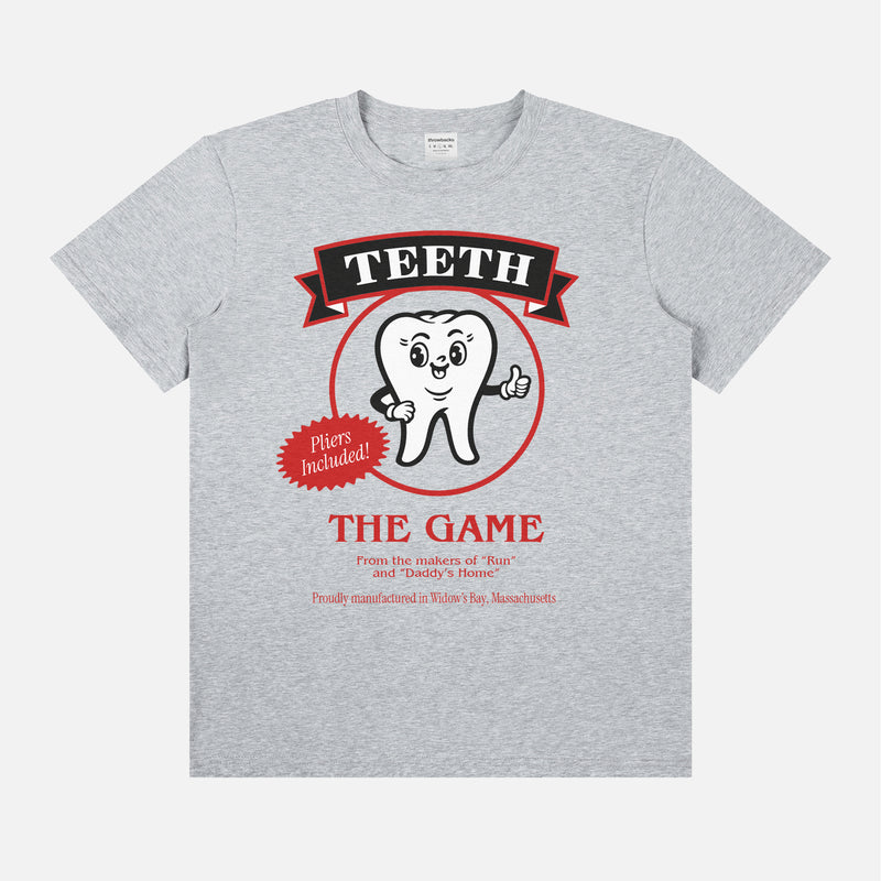 Funny Widow's Bay TV Show t-shirt with Teeth Pliers board game logo on a unisex grey graphic tee